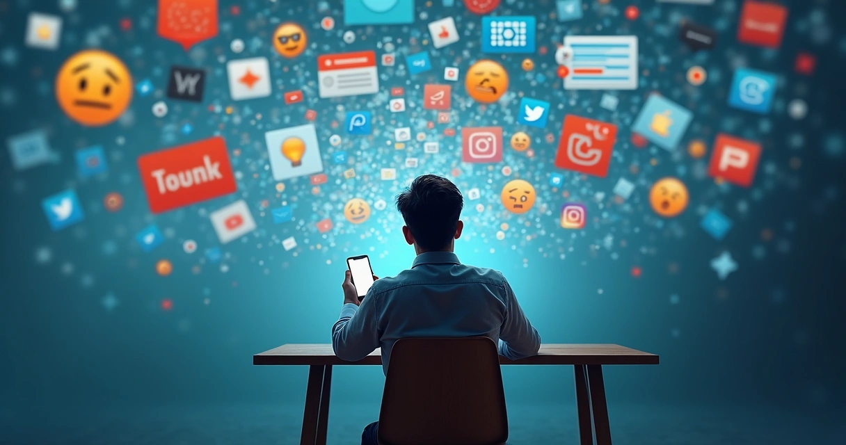 Pessoa rolando feed caótico de redes sociais no celular 