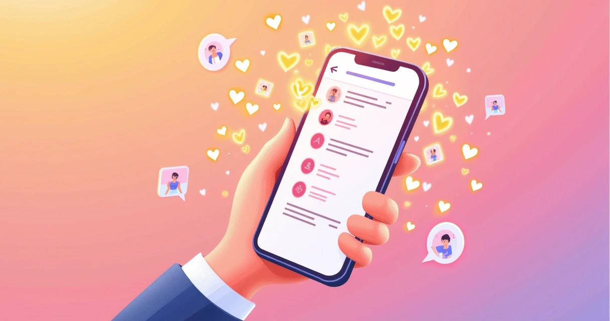 Ilustração de um feed do Instagram com engajamento autêntico, mostrando coração e curtidas.
