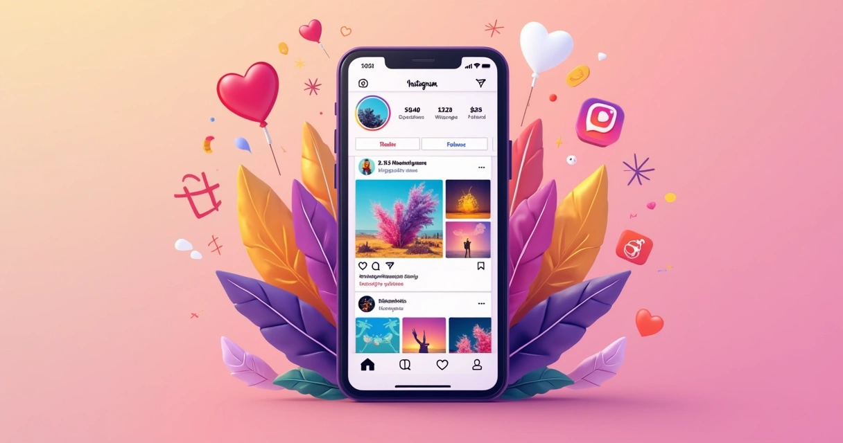 Representação artística de um feed do Instagram, com conteúdo variado em um smartphone colorido.