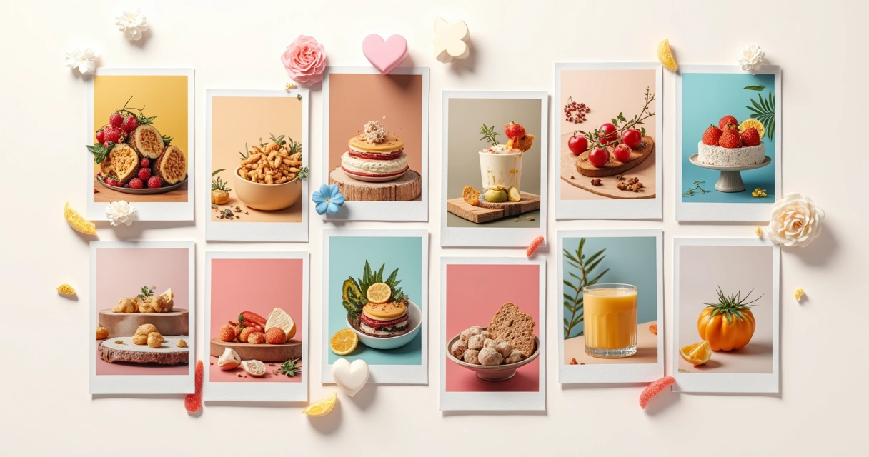 O Que é Flopar no Instagram e Como Evitar 4 Colagem de fotos vibrantes e bem iluminadas em um feed do Instagram, com ícones de engajamento.