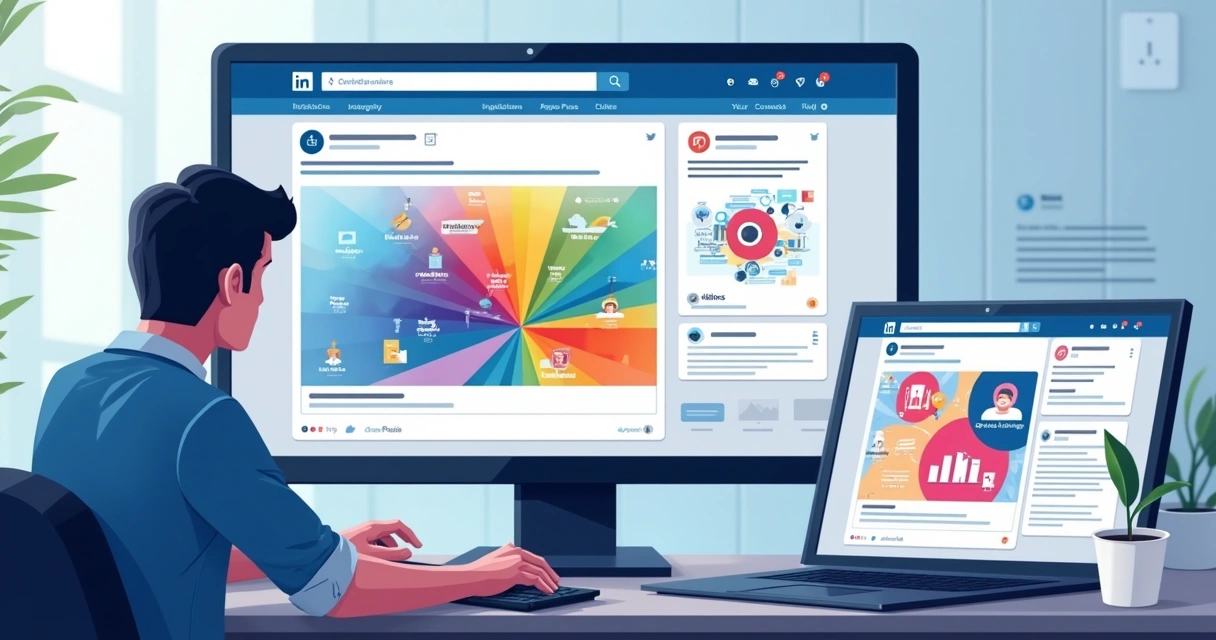 Feed do LinkedIn com postagens de diferentes formatos, incluindo carrossel, infográfico e vídeo 