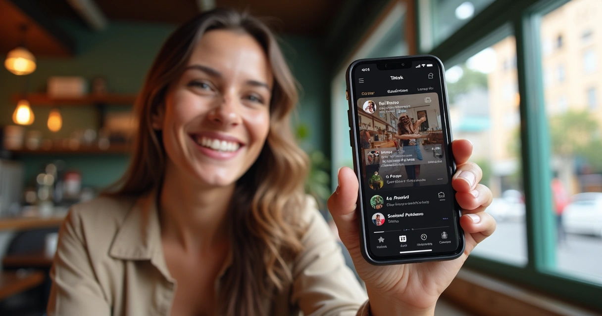 Mulher segurando smartphone mostrando feed local do TikTok, nomes de cidades na tela 