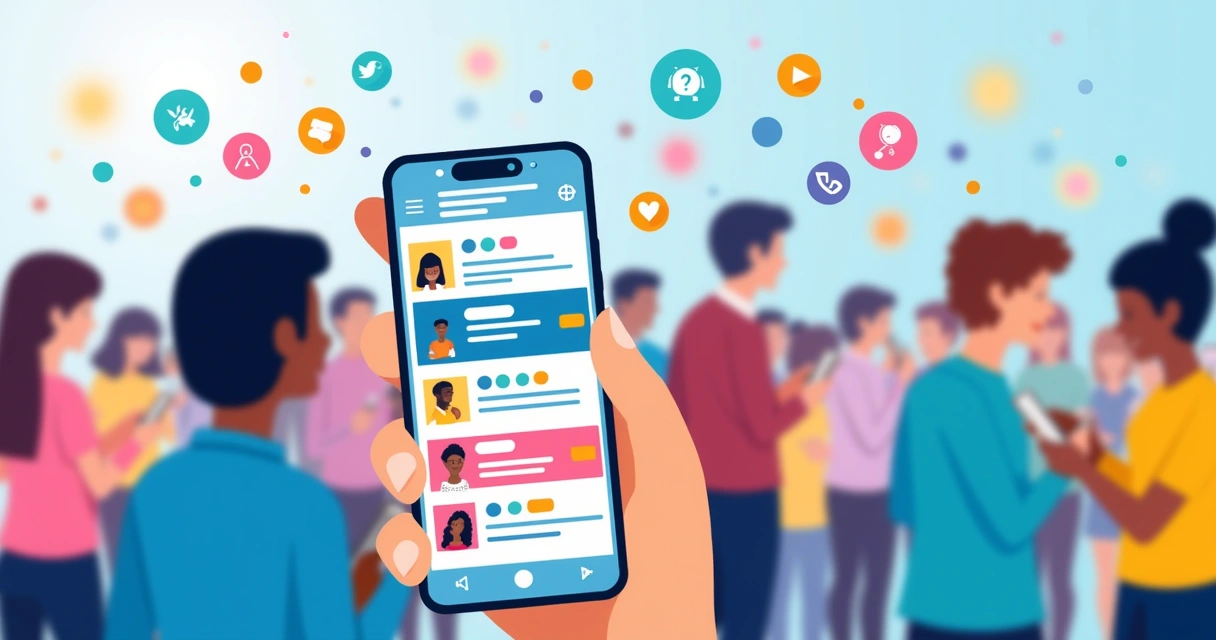 Ilustração de um feed vibrante de mídias sociais em um smartphone com fotos, vídeos e enquetes.