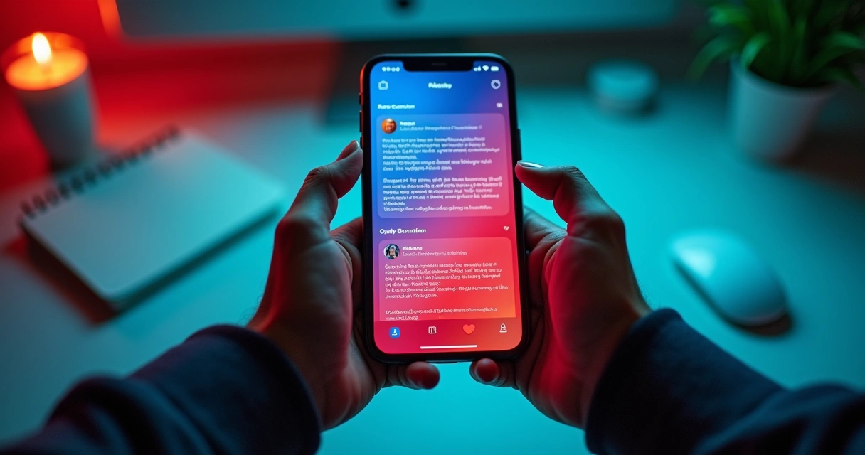 Celular com feed dividido e mãos segurando o aparelho
