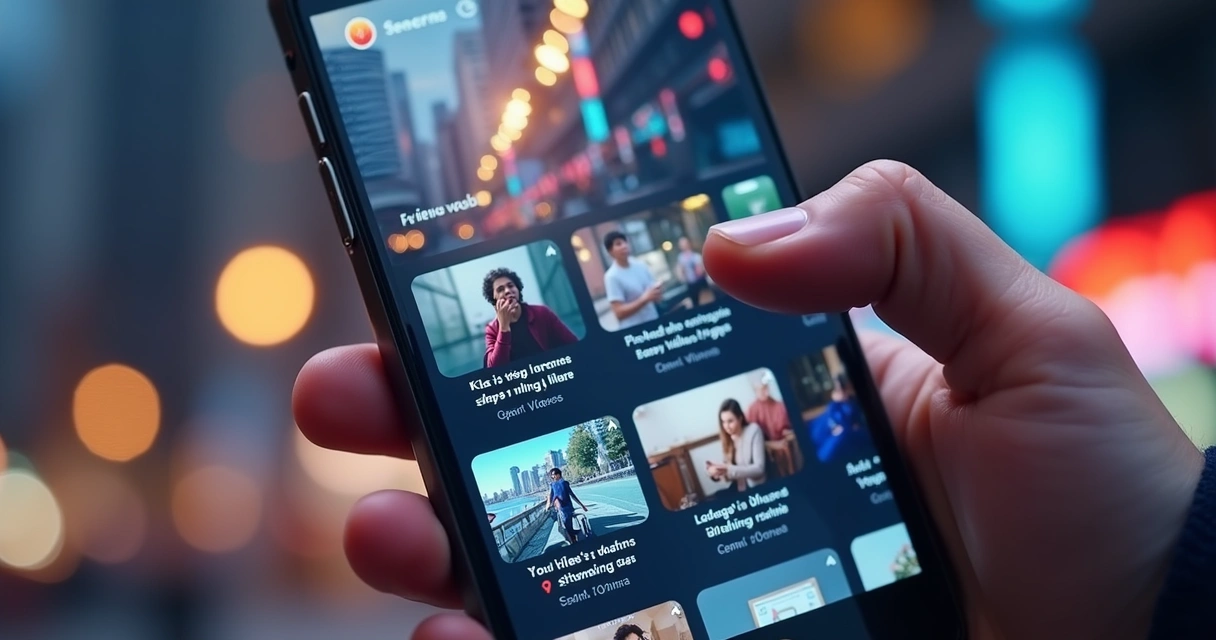 Feed de redes sociais com vídeos curtos legendados sendo exibidos 