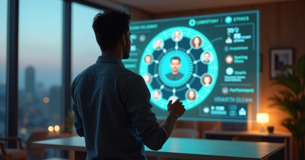 Profissional observa painel circular digital com avaliações 360 graus em escritório moderno 