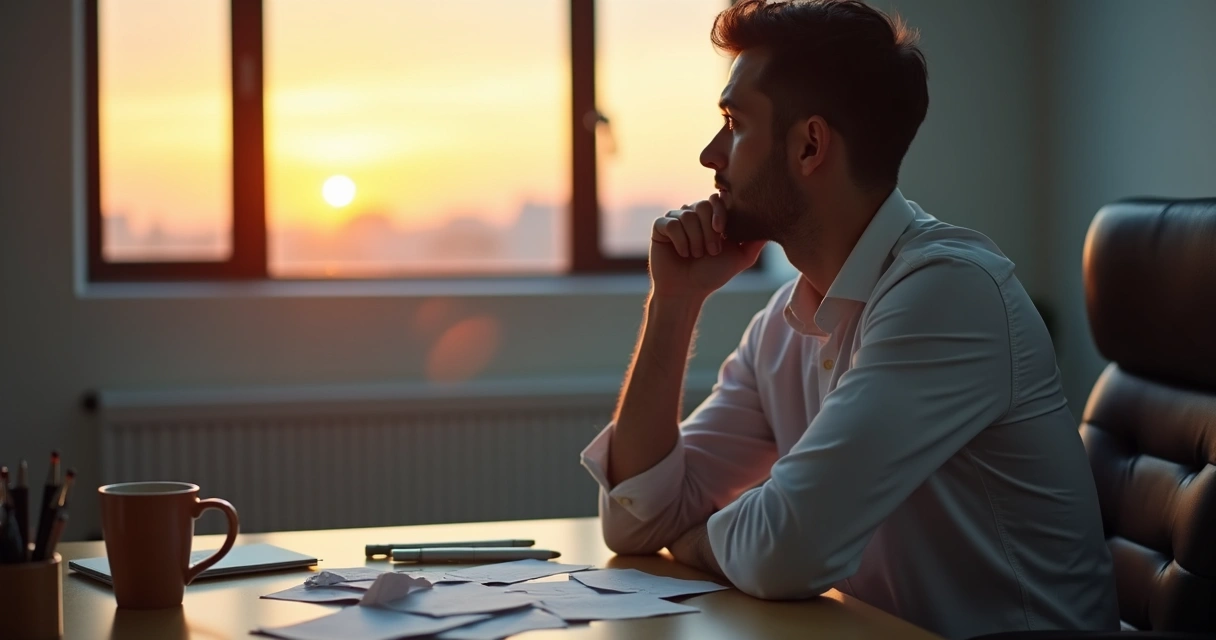 Líder sentado sozinho refletindo, papéis com feedbacks à sua frente