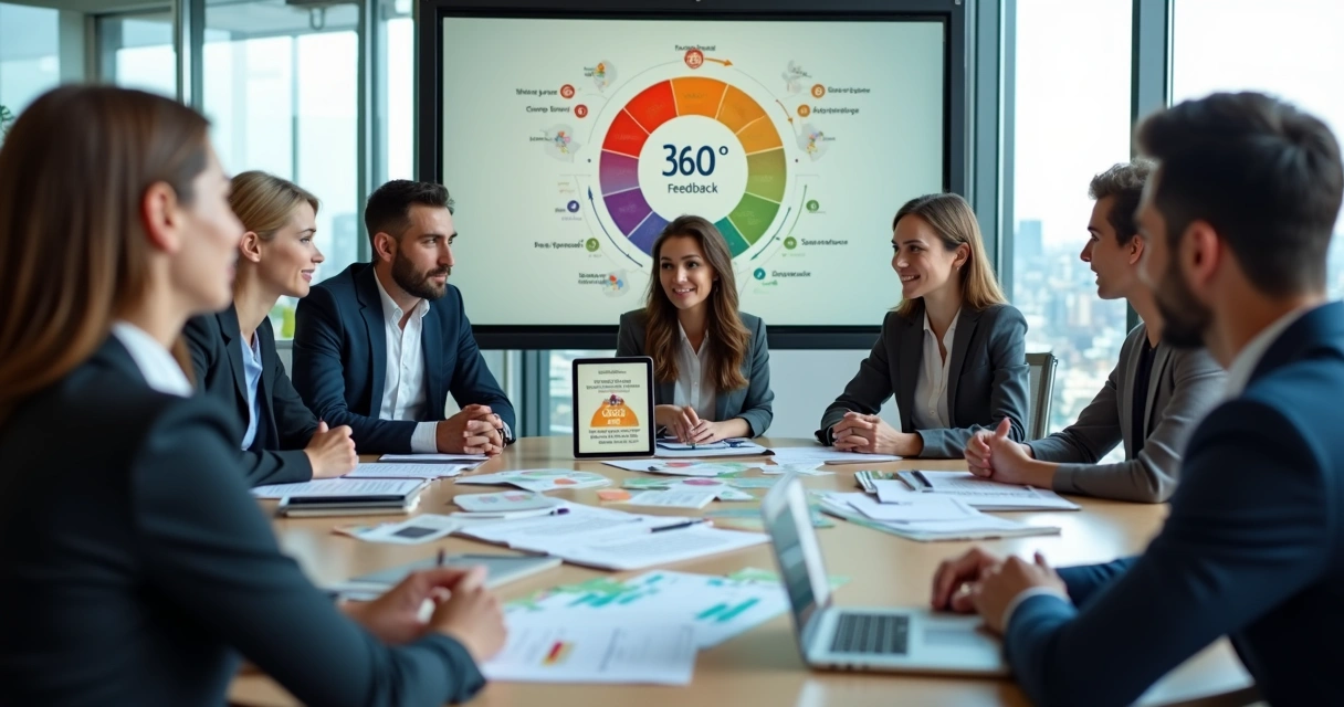 Equipe em reunião de feedback 360 com círculo de avaliação em tela 