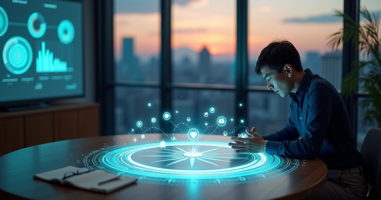 Profissional avaliando bússola luminosa com ícones de feedback 360 em sala moderna 