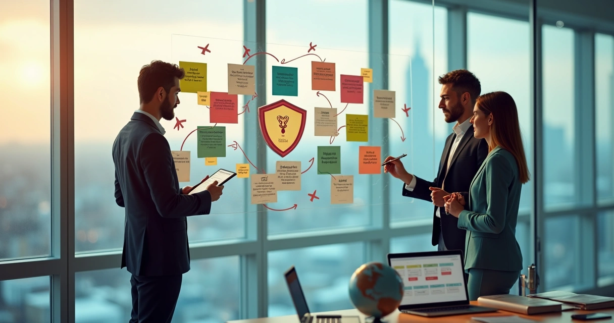 Time de agência de turismo organizando feedbacks em quadro de ideias colorido 