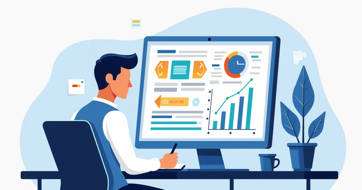 Gestor olhando painel digital com gráficos de feedback de um agente de IA. 