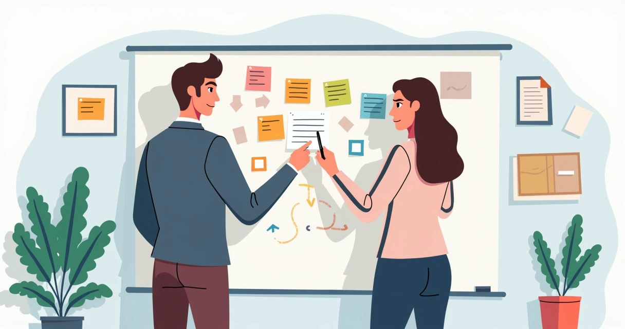 Plano de ação sendo desenhado em reunião por dois profissionais de negócios.