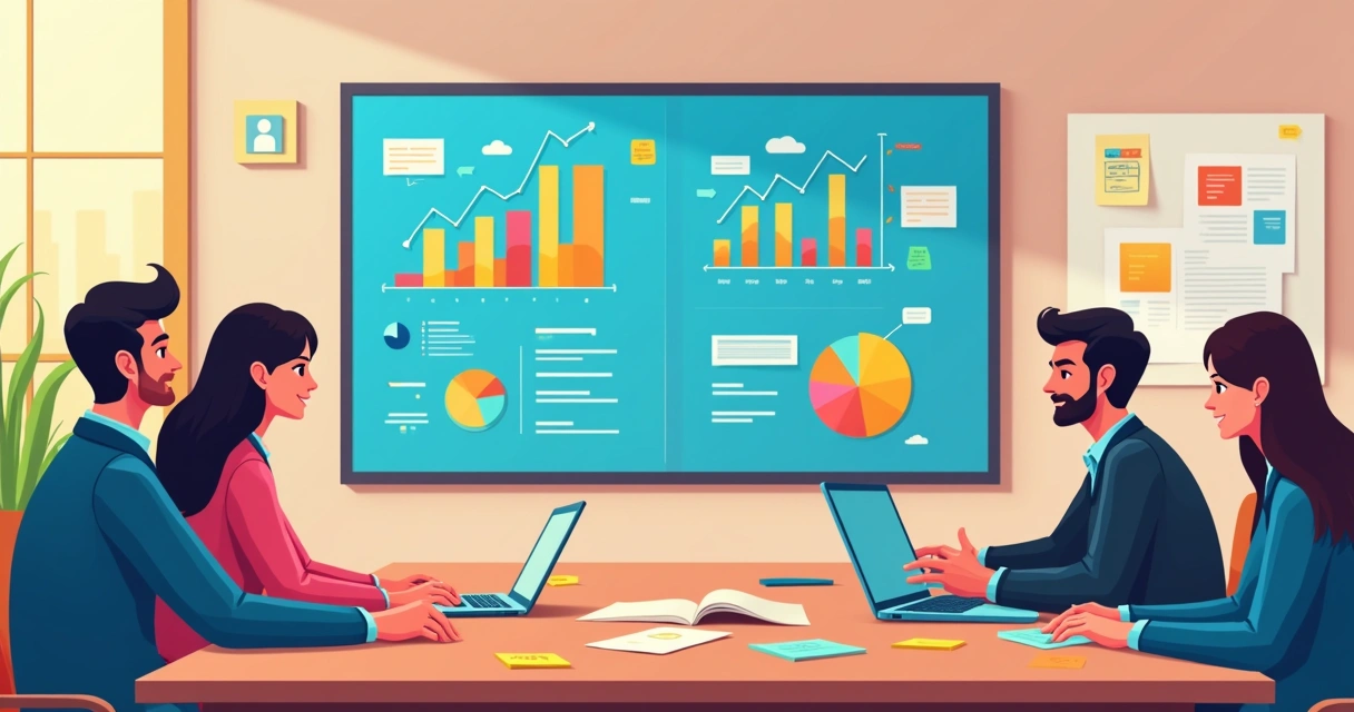 Sala de reunião com equipe pequena avaliando tela de painel de IA 