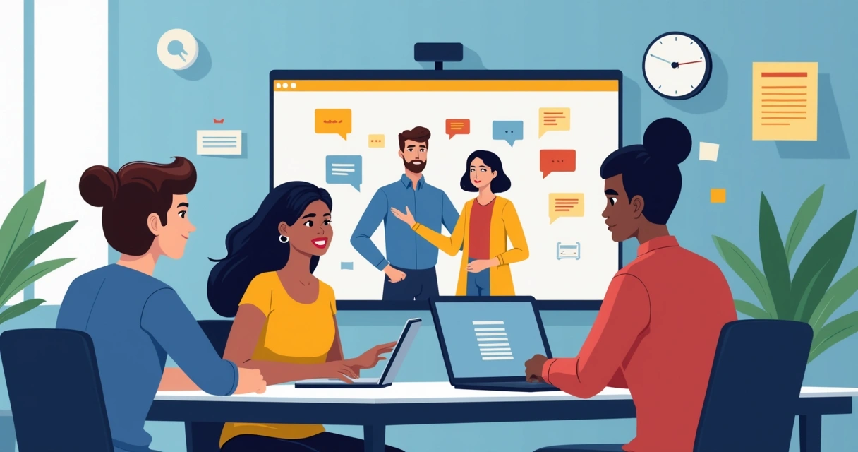 Feedback em ambiente híbrido com pessoas trocando opiniões em painel digital e presencial.