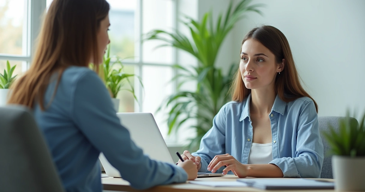 Conversa de feedback entre líder e jovem profissional no escritório 