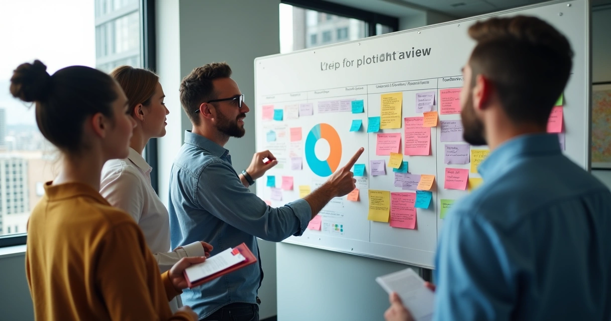 Equipe analisando um quadro de feedbacks em escritório moderno 