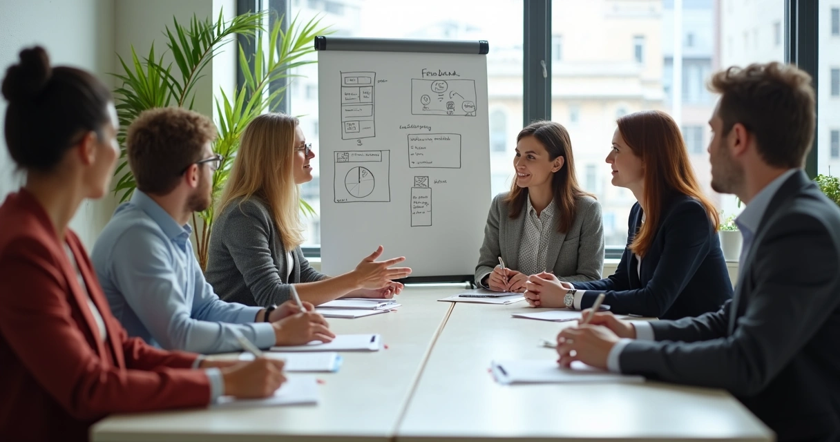 Colleagues exchanging feedback and self-reflecting in a bright office 
