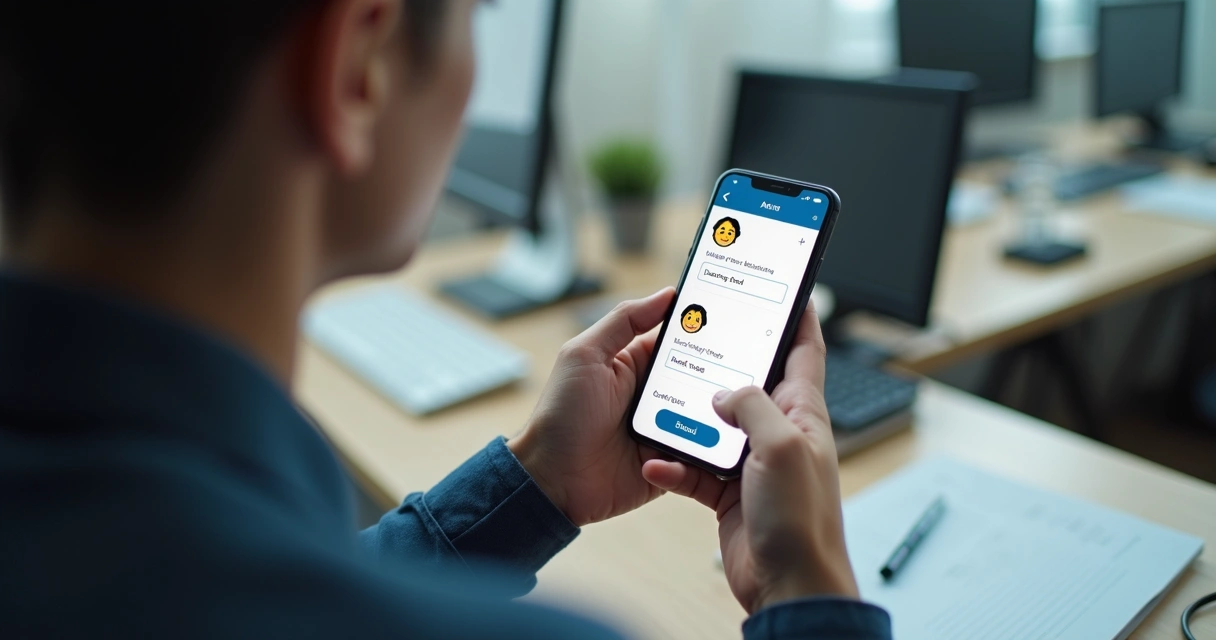Pessoa usando aplicativo de feedback anônimo no celular, ambiente de trabalho ao fundo