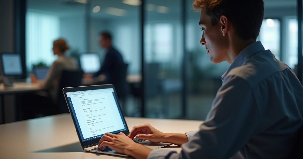 Pessoa sentada sozinha mexendo no notebook em ambiente corporativo, respondendo pesquisa anônima de feedback 