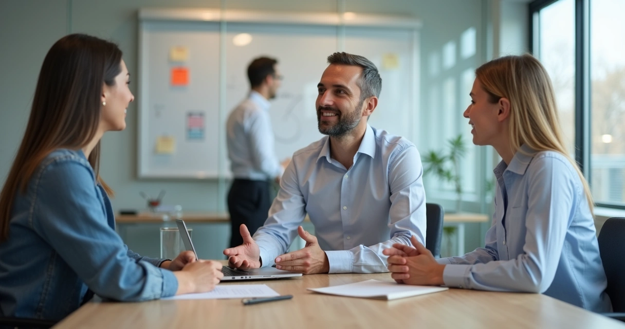 Gestor dando feedback assertivo e ético a colaboradora em reunião de trabalho 