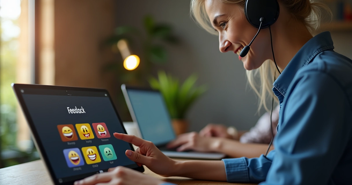 Cliente deixando feedback em atendimento online com smileys 