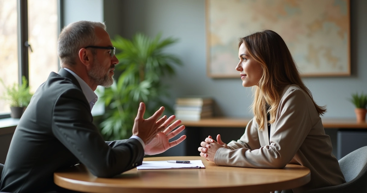 Duas pessoas em conversa profunda trocando feedback em um escritório moderno 