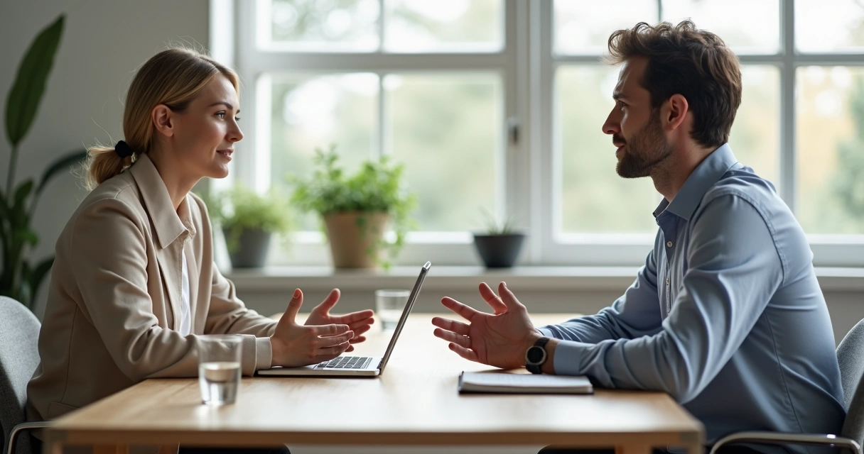 Duas pessoas em conversa profissional trocando feedback de forma respeitosa 