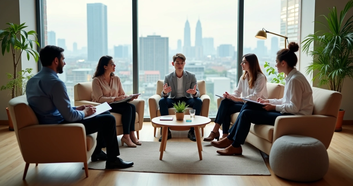 Profissional em roda informal trocando feedback com colegas em ambiente descontraído 