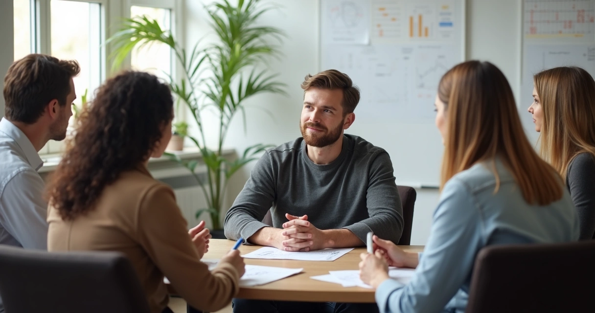Equipe reunida em círculo, ambiente acolhedor, líder dando feedback construtivo, todos atentos