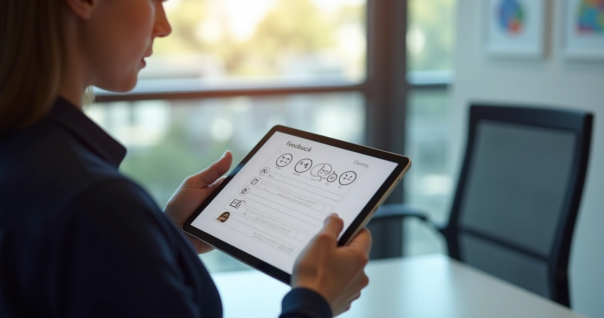 Pessoa usando tablet em um ambiente moderno coletando feedback