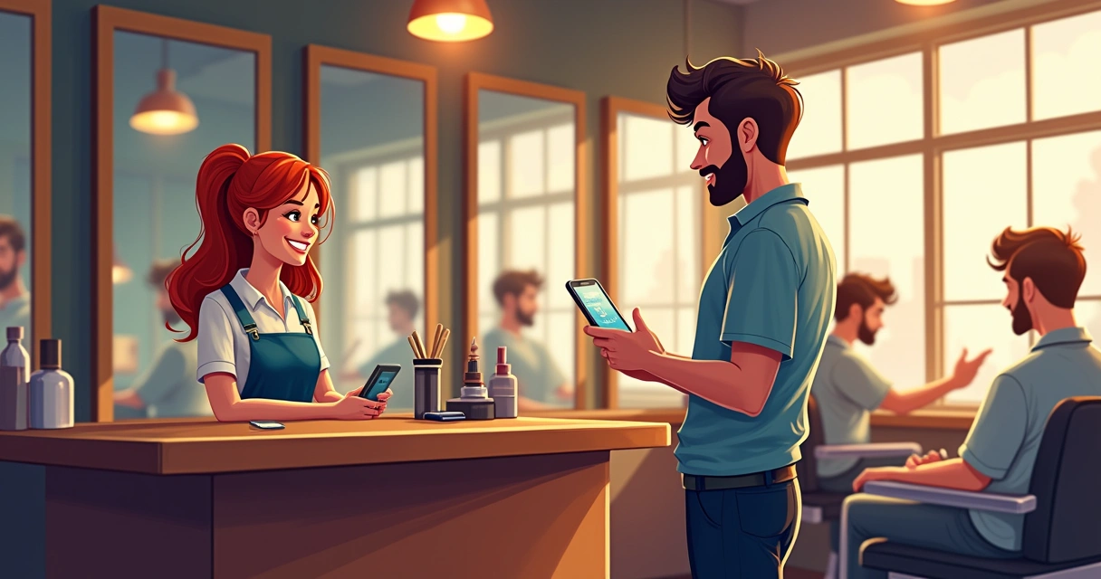 Cliente avaliando serviço no celular enquanto conversa com atendente 
