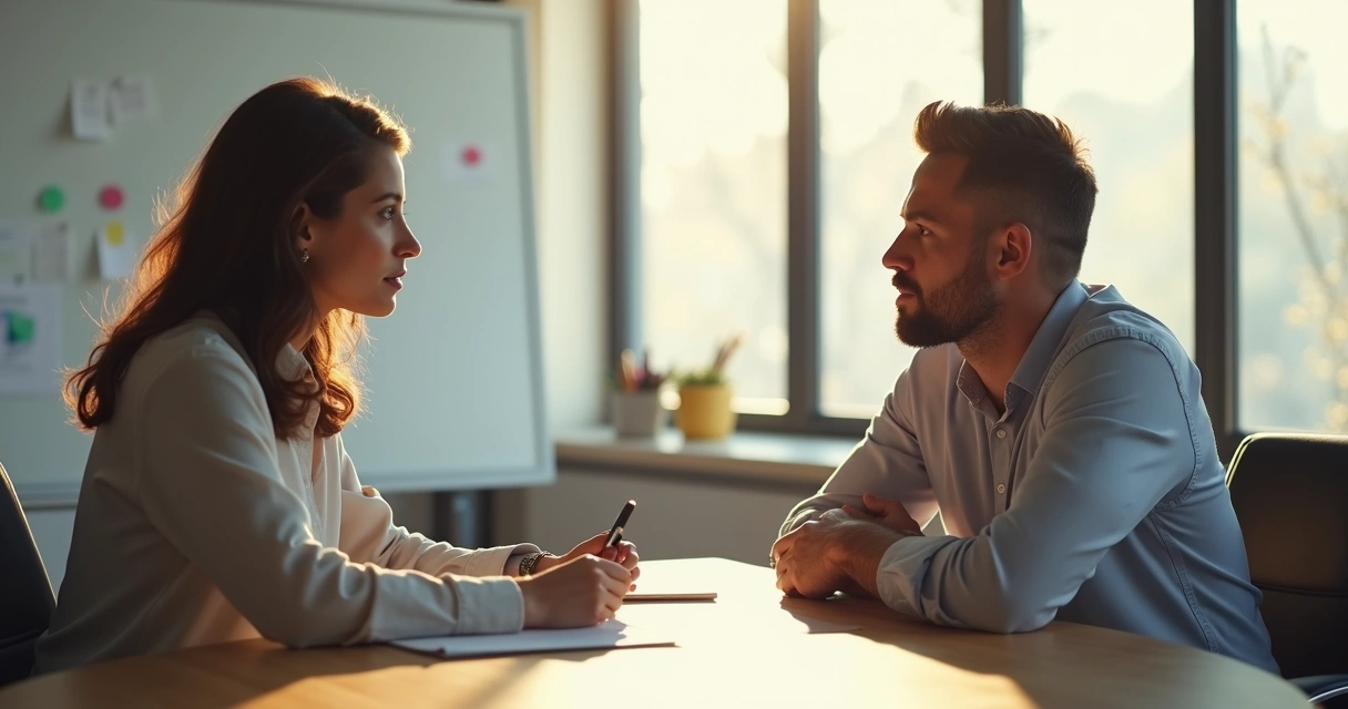 Colleagues in a meeting room, one providing feedback to another, facial expressions ranging from attentive to defensive 