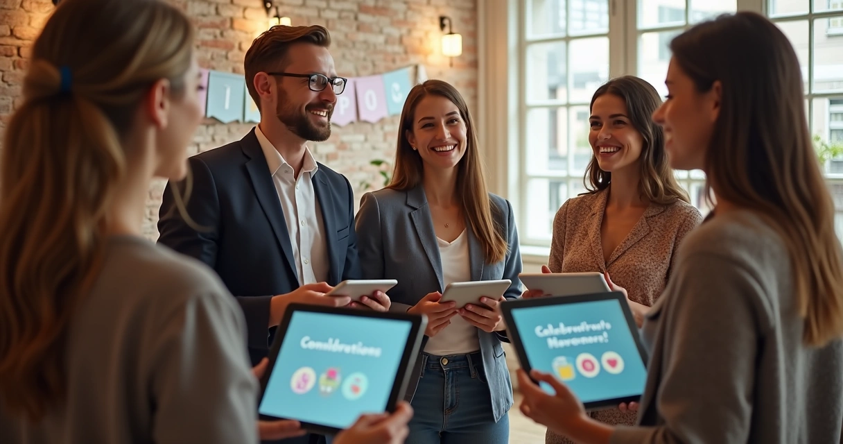 Equipe pequena em roda celebrando evolução em OKRs 