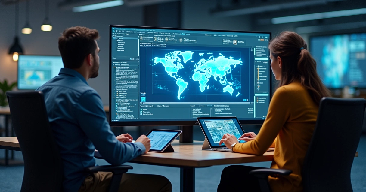 Equipe de agência criativa analisando feedbacks centralizados em telas de computador e tablet em ambiente moderno de escritório 