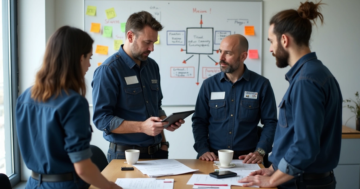 Equipe de técnicos discutindo checklist em escritório moderno 