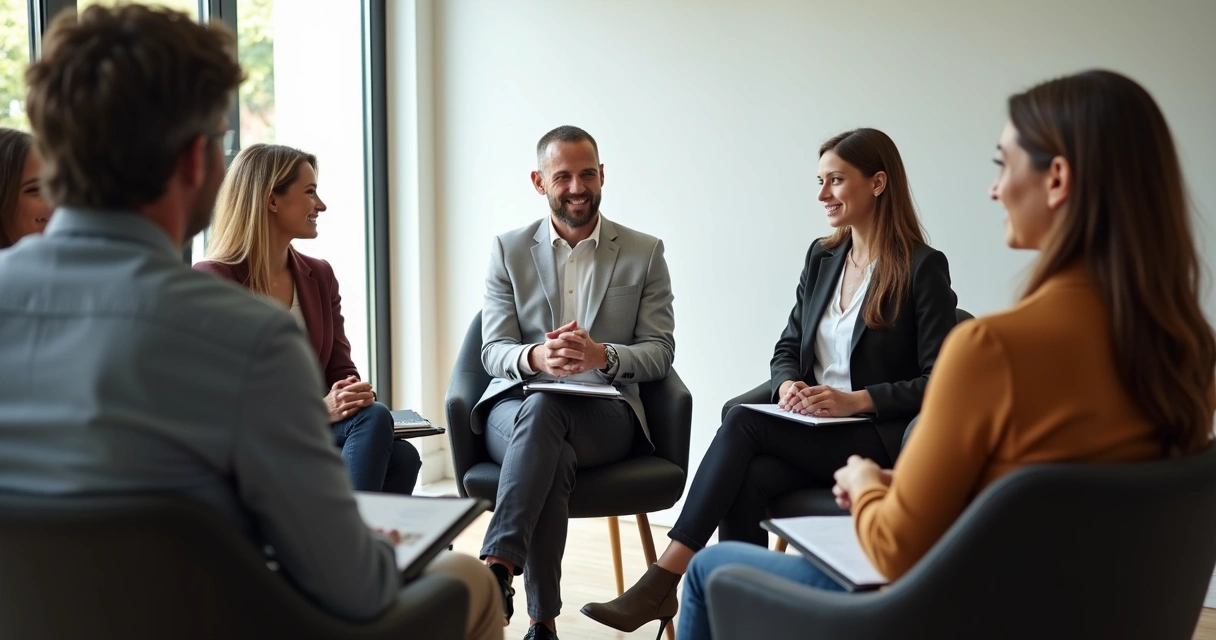 Team in a structured feedback circle meeting 