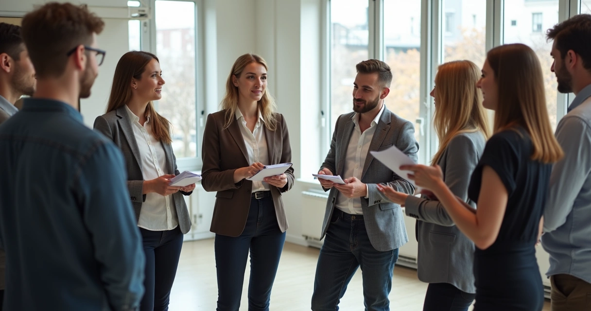 Employees standing in a circle, discussing feedback in a bright workspace 