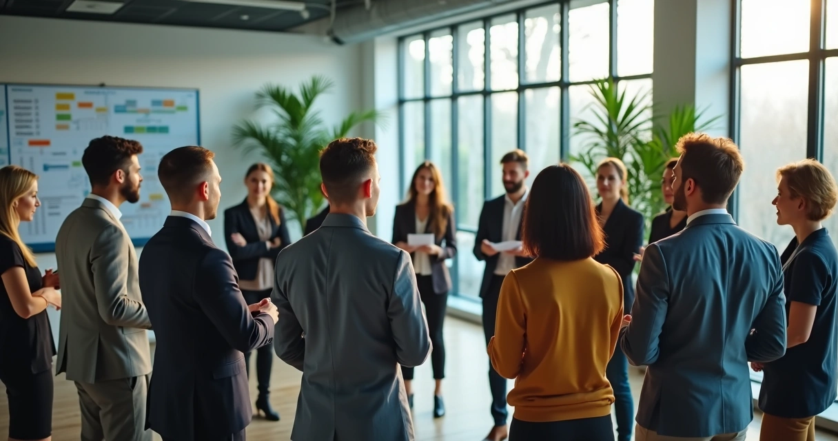 Equipe profissional fazendo feedback circular em sala de reunião 