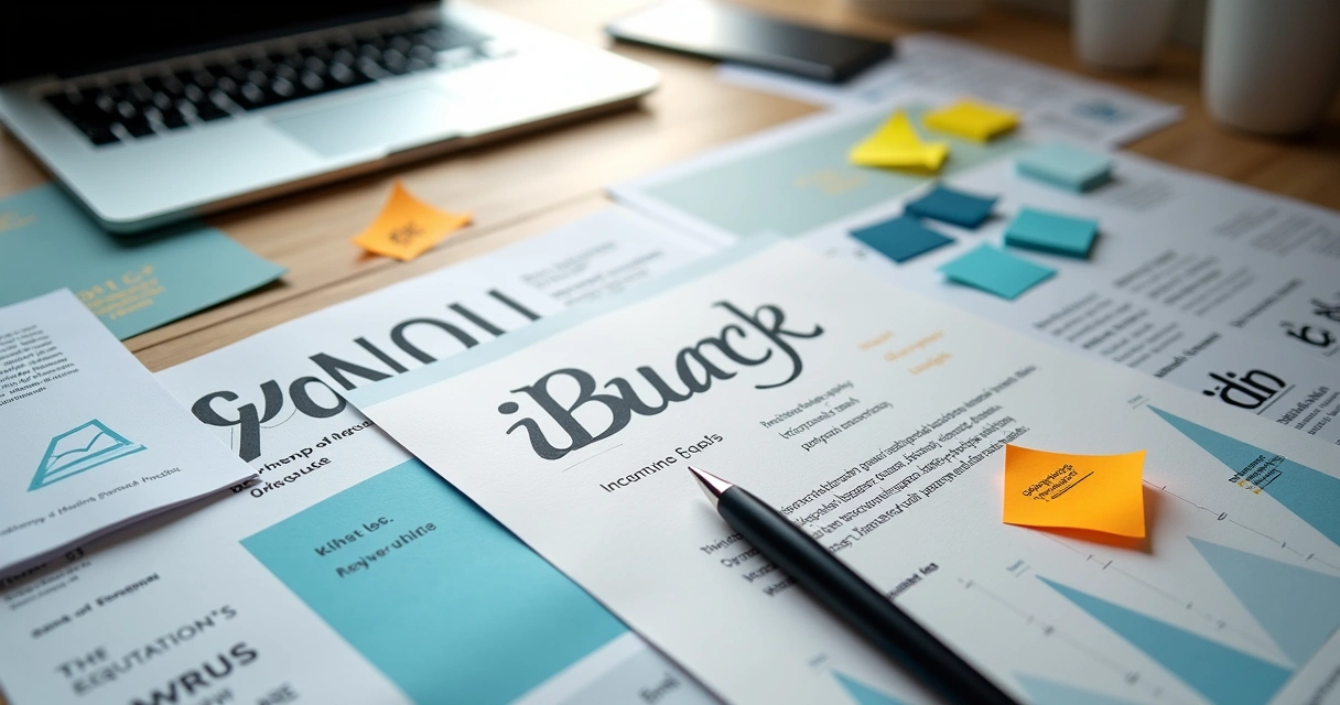 Anotações de feedback em proposta de branding sobre mesa 