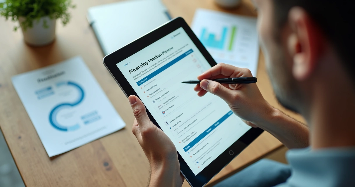 Pessoa preenchendo formulário de feedback financeiro em tablet com gráficos ao fundo