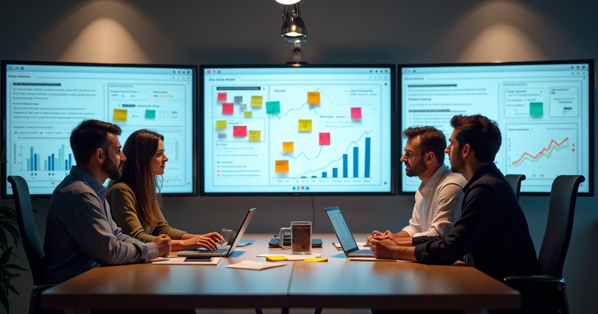 Equipe analisando feedbacks de clientes em monitores com gráficos