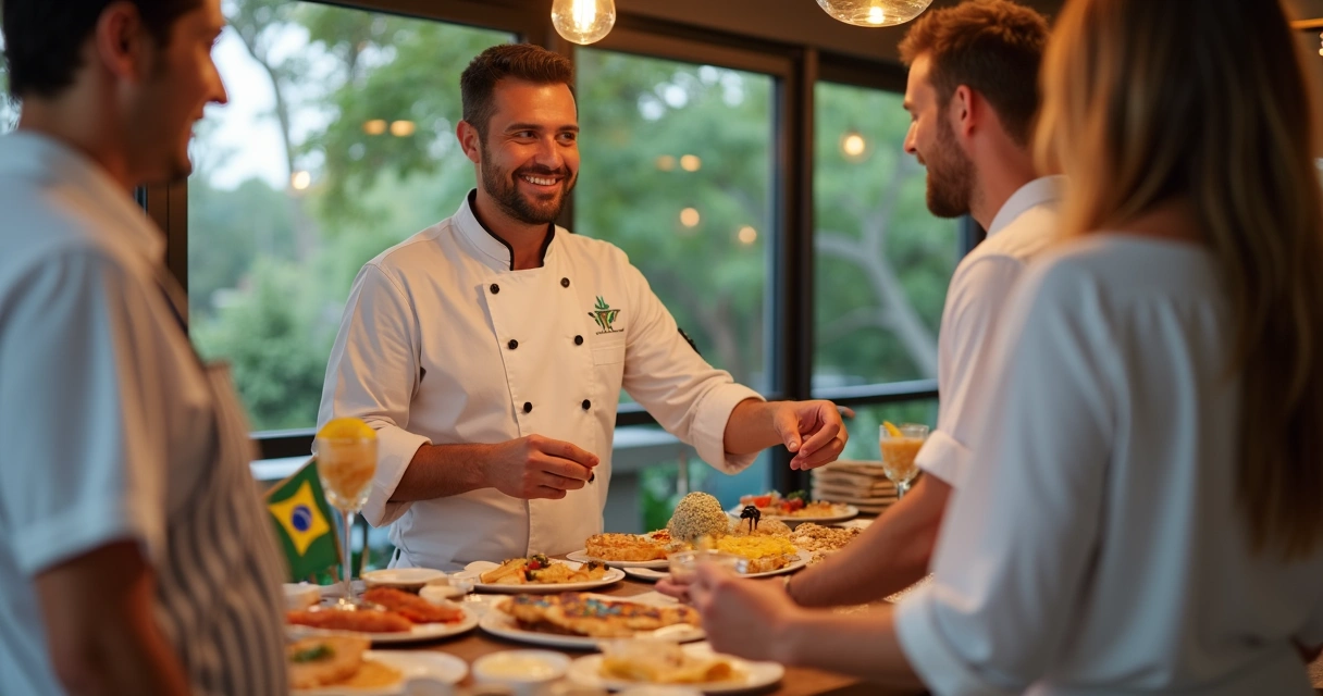 Cliente dando feedback sorrindo para o chef durante evento 