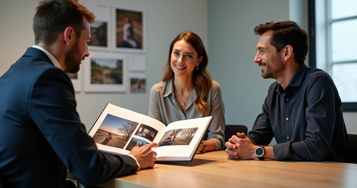 Fotógrafo apresenta álbum fotográfico em mesa de reunião para clientes satisfeitos 