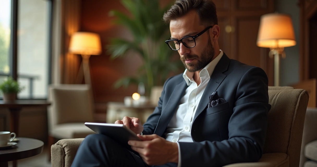 Turista premium avaliando serviço em tablet de hotel moderno 