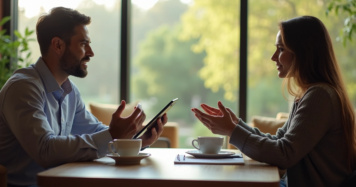 Contável entrevistando cliente para receber feedback pessoalmente 