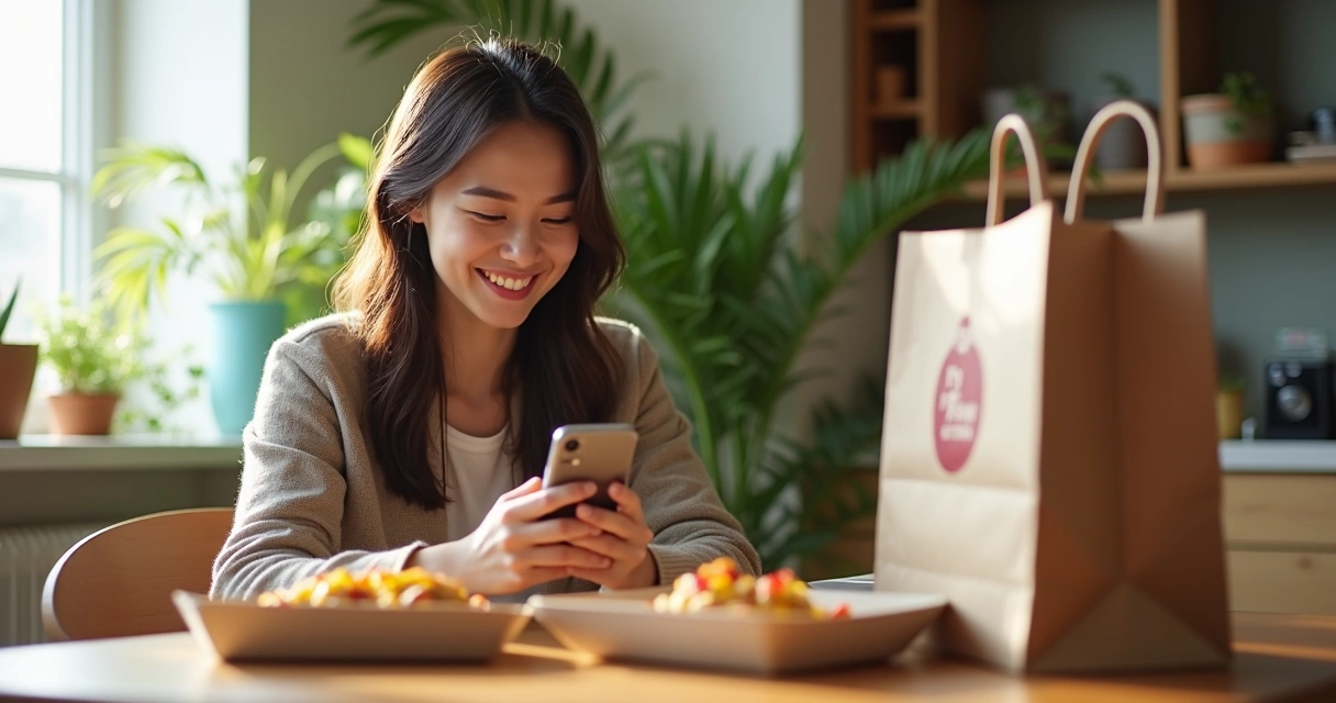 Cliente sorrindo avaliando um restaurante online 