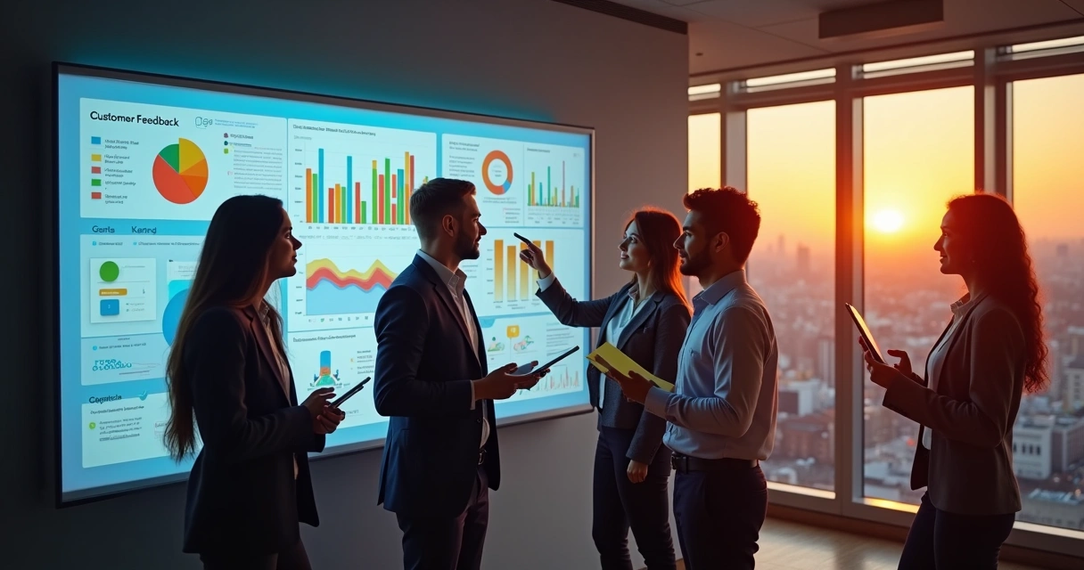 Equipe analisando gráficos de feedback dos clientes em uma parede digital 