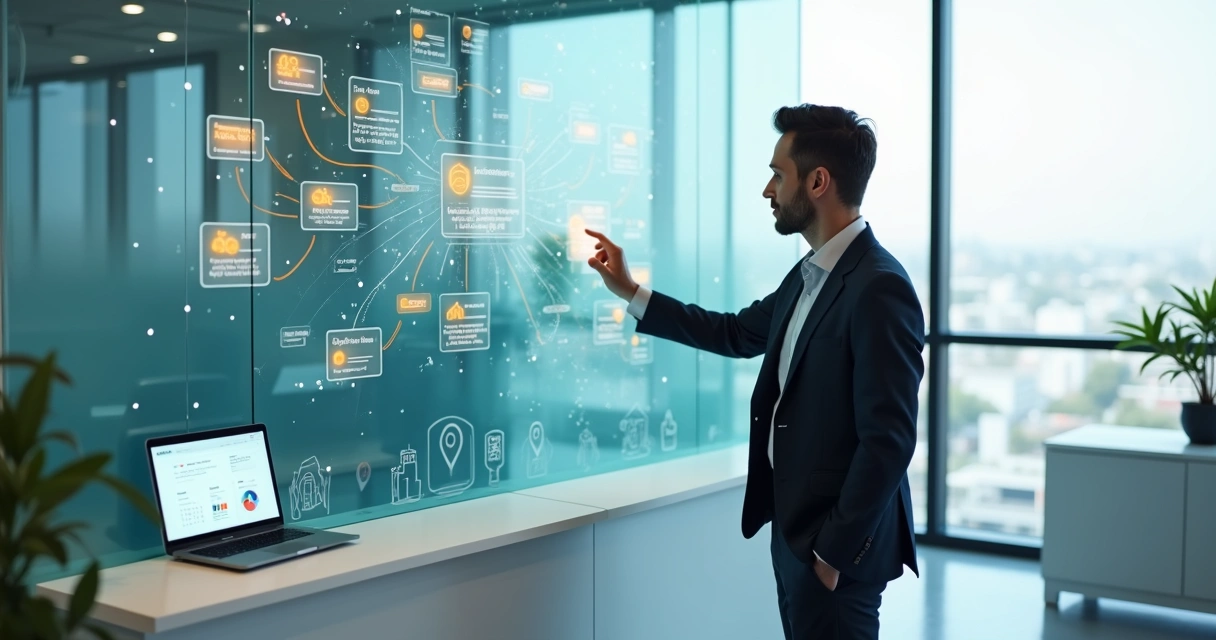 Gestor imobiliário ajustando painel digital de IA com comentários de clientes 