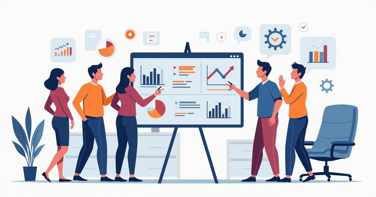 Ilustração corporativa de uma equipe analisando feedback de clientes para melhorias no design 