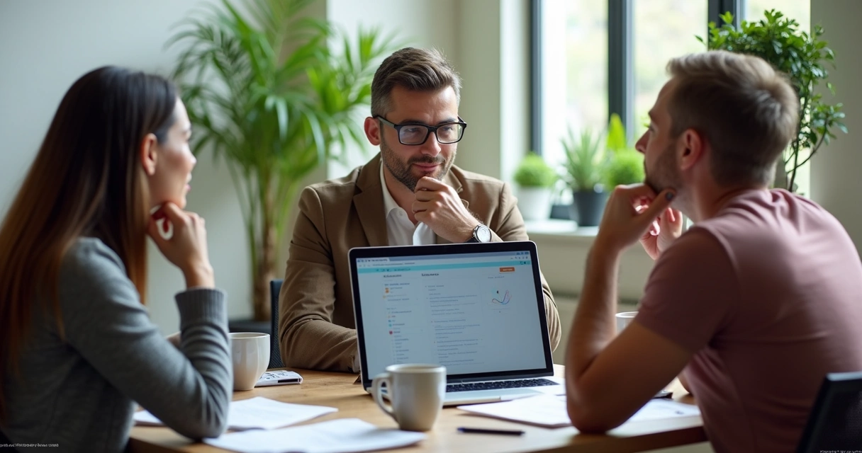 Empresário ouvindo feedback de duas pessoas em coworking. 
